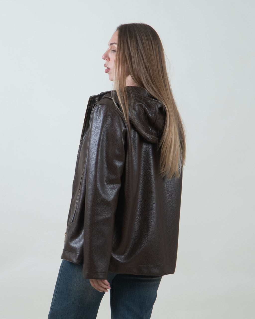 Giacca marrone effetto pelle con cappuccio|Colore:Marrone