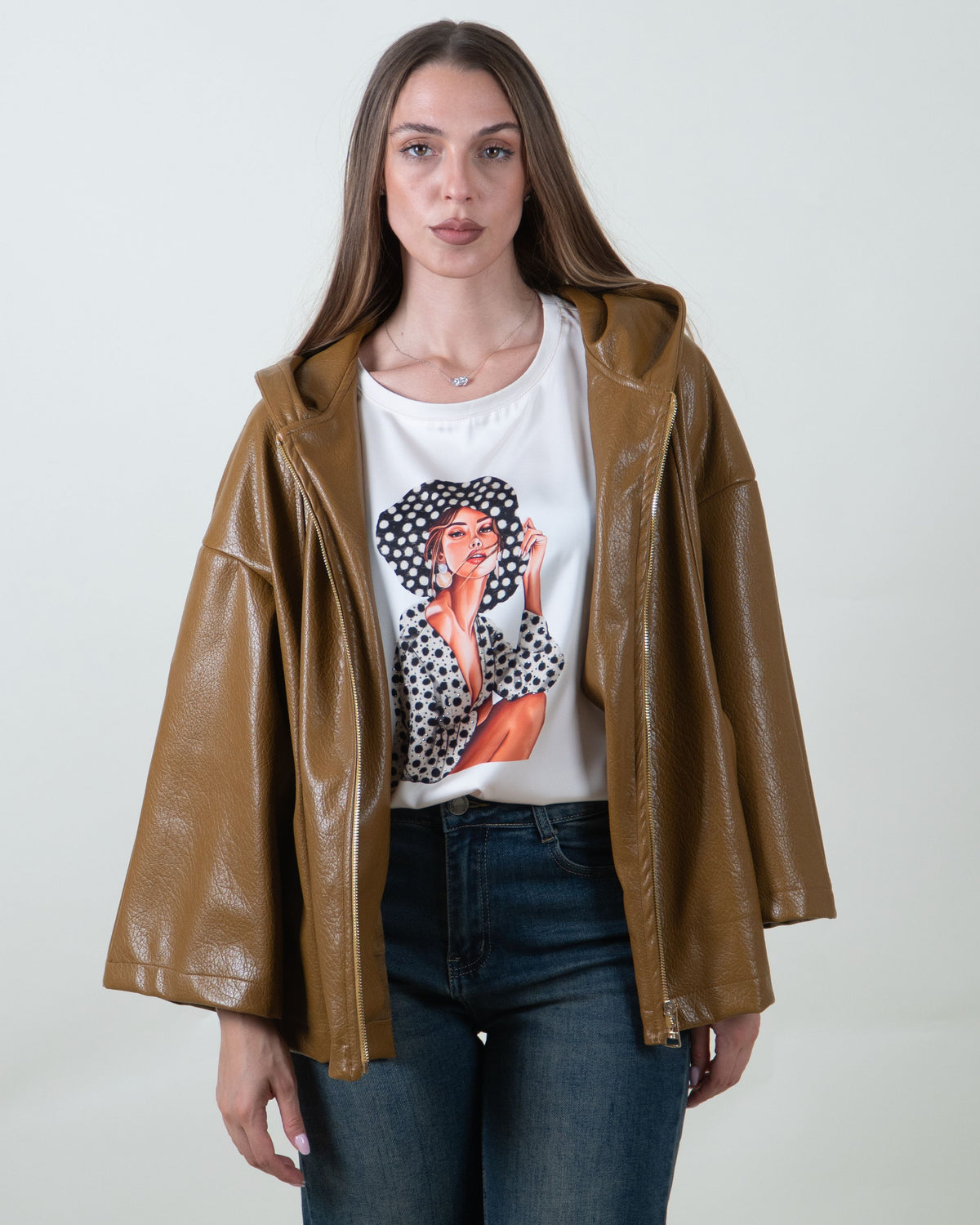 Giacca tabacco effetto pelle con cappuccio|Colore:Tabacco
