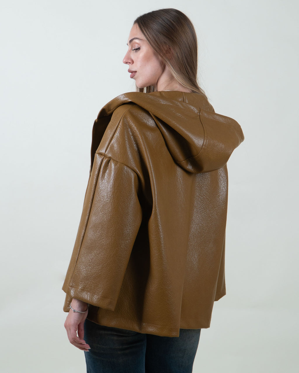Giacca tabacco effetto pelle con cappuccio|Colore:Tabacco