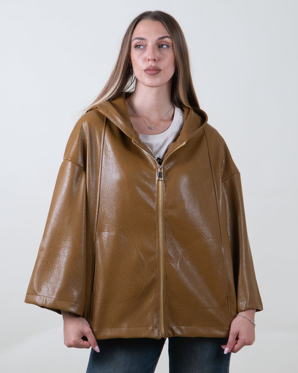 Giacca tabacco effetto pelle con cappuccio|Colore:Tabacco