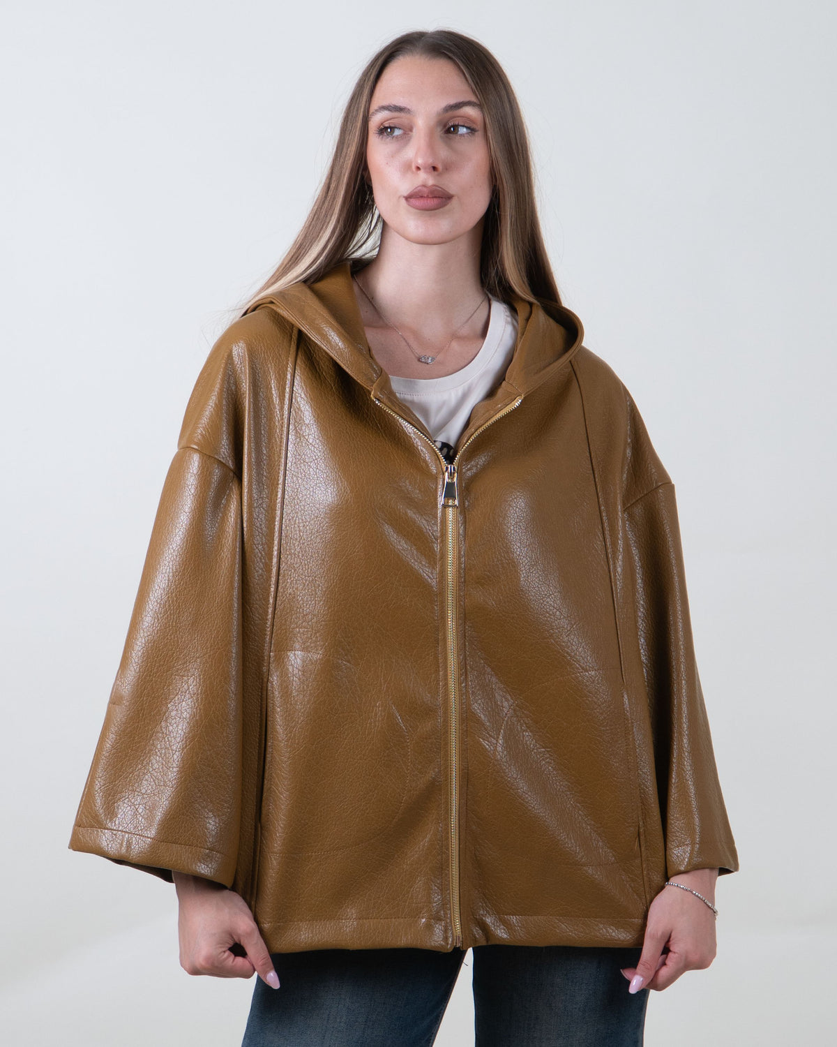 Giacca tabacco effetto pelle con cappuccio|Colore:Tabacco