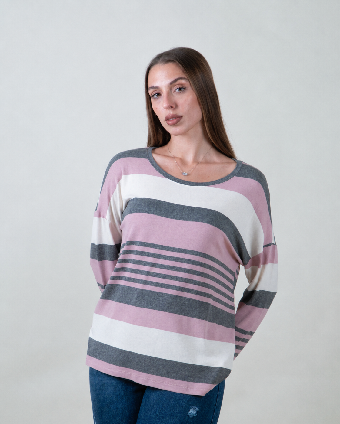 Maglia a righe con scollo rotondo|Colore:Rosa