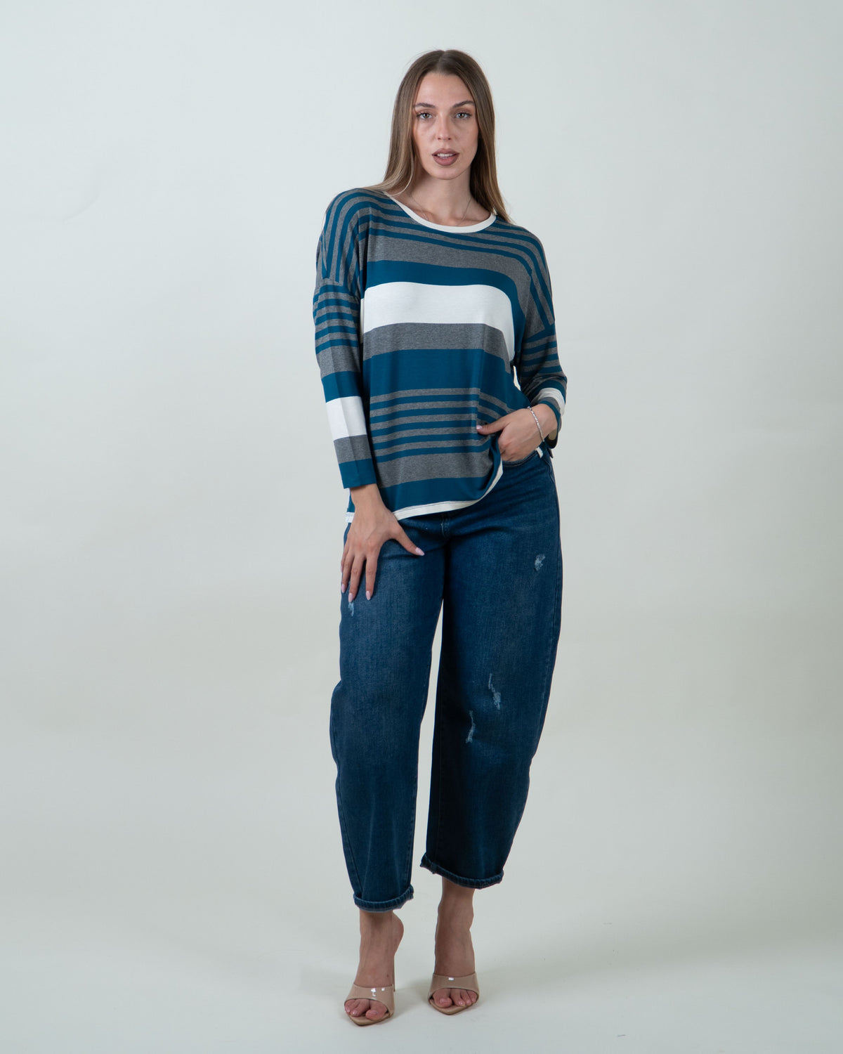 Maglia a righe con scollo rotondo|Colore:Ottanio