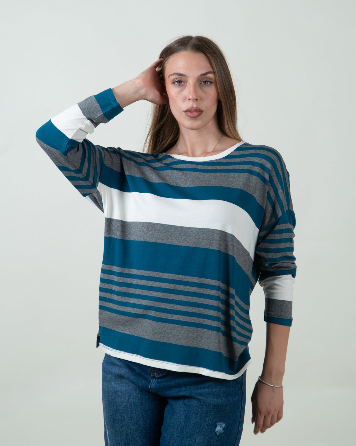 Maglia a righe con scollo rotondo|Colore:Ottanio