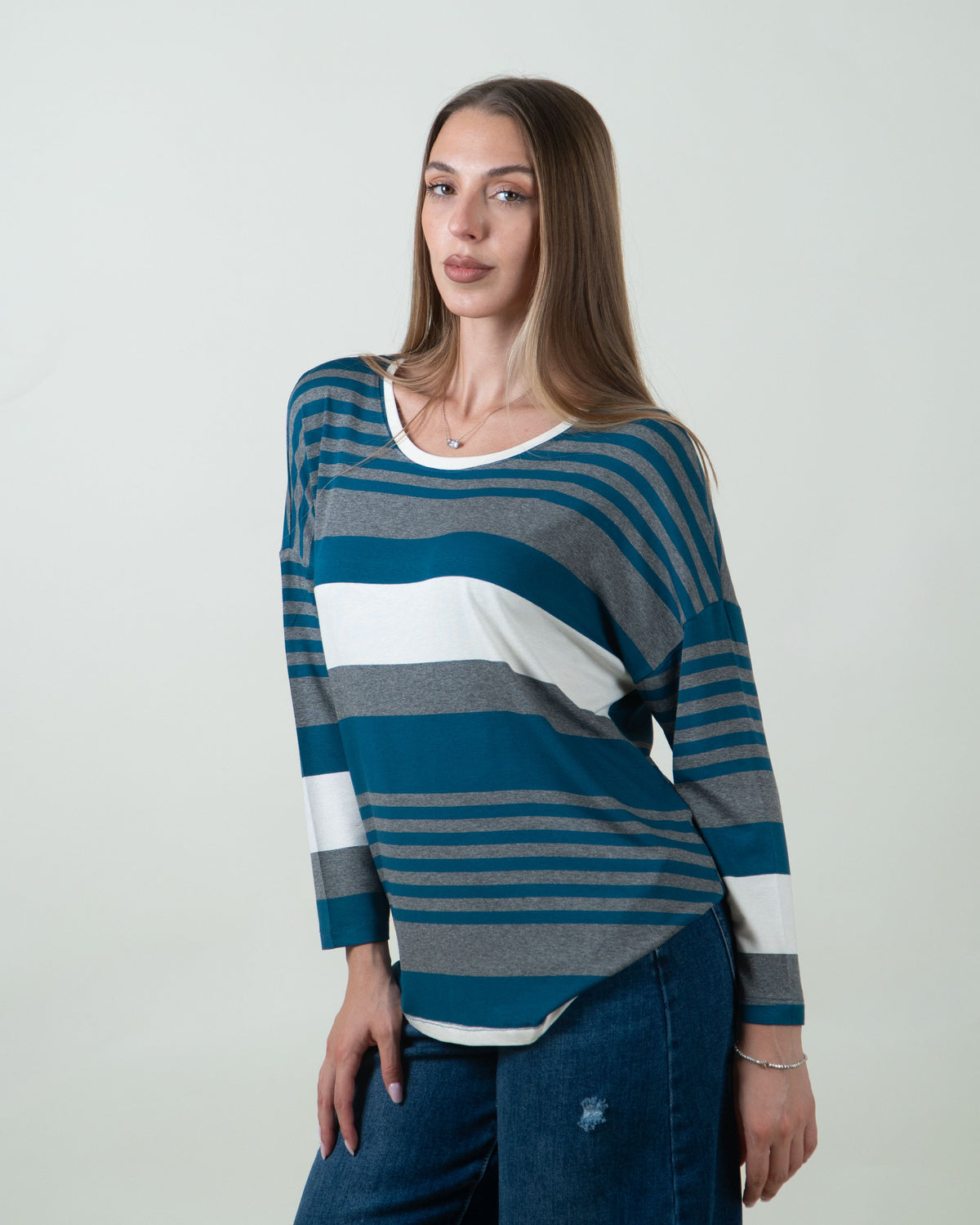 Maglia a righe con scollo rotondo|Colore:Ottanio
