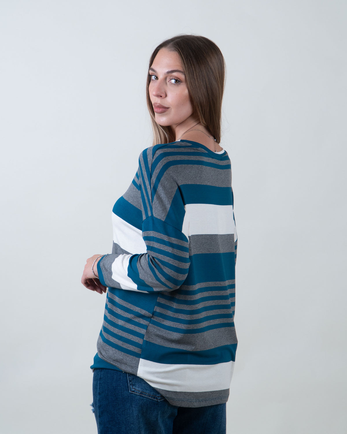 Maglia a righe con scollo rotondo|Colore:Ottanio
