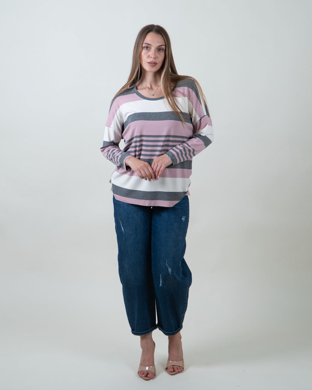 Maglia a righe con scollo rotondo|Colore:Rosa