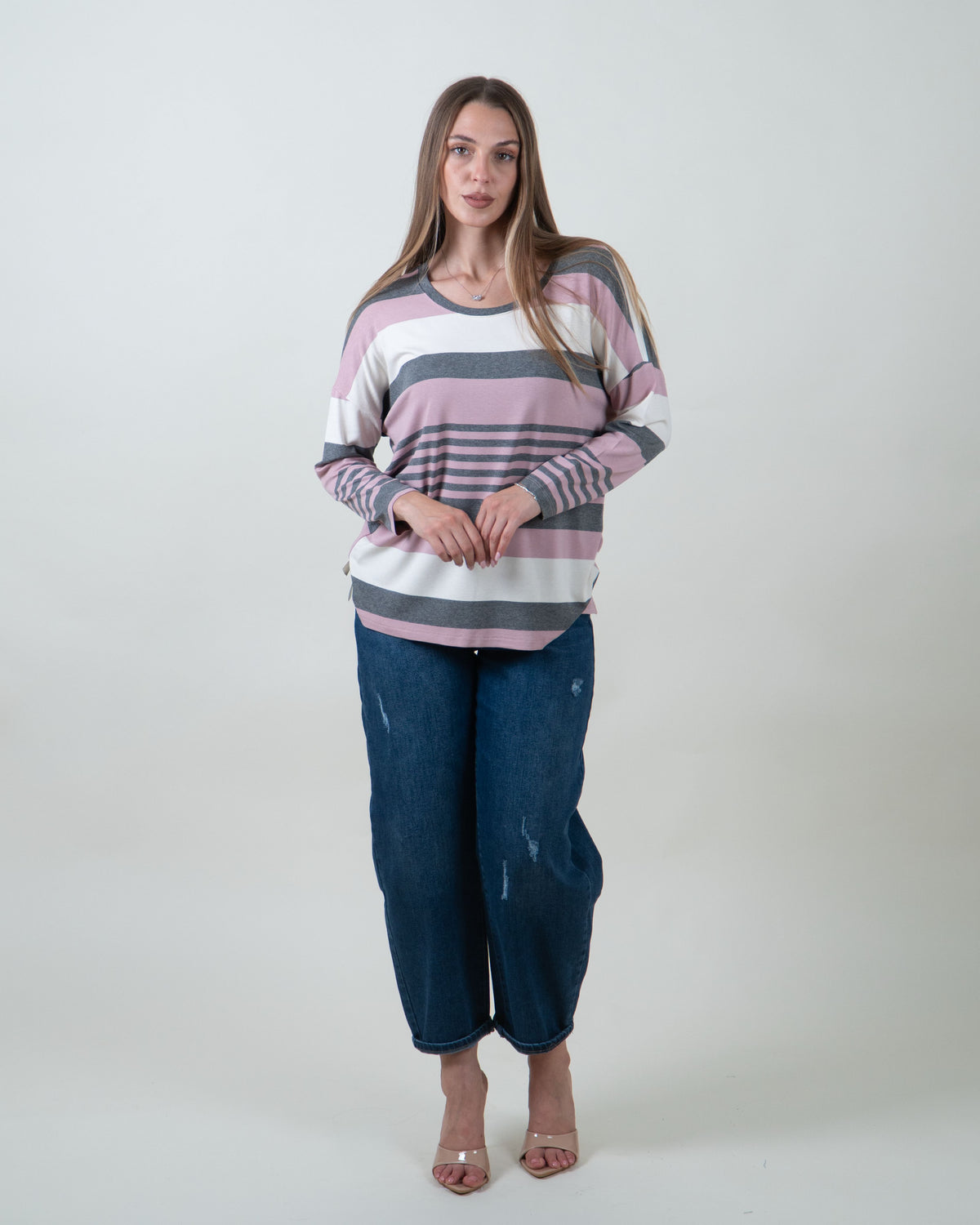 Maglia a righe con scollo rotondo|Colore:Rosa