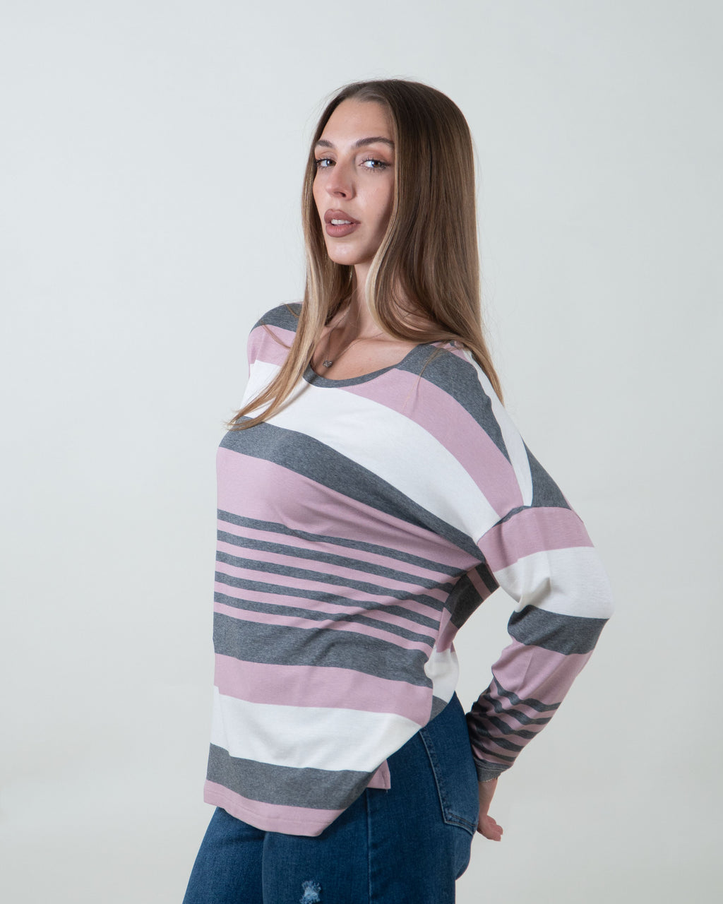 Maglia a righe con scollo rotondo|Colore:Rosa