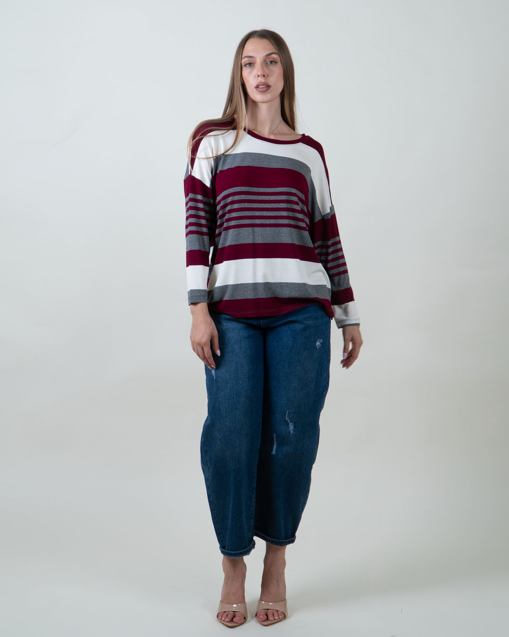 Maglia a righe con scollo rotondo|Colore:Bordeaux