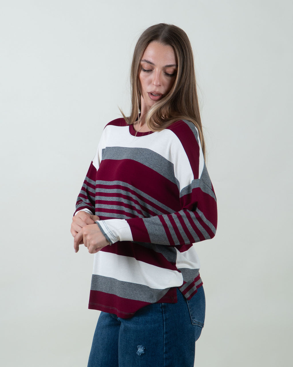 Maglia a righe con scollo rotondo|Colore:Bordeaux