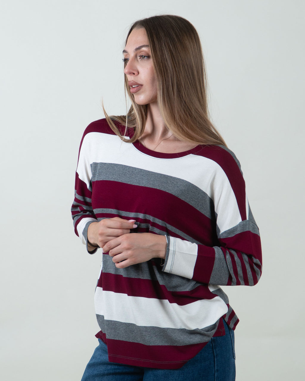 Maglia a righe con scollo rotondo|Colore:Bordeaux