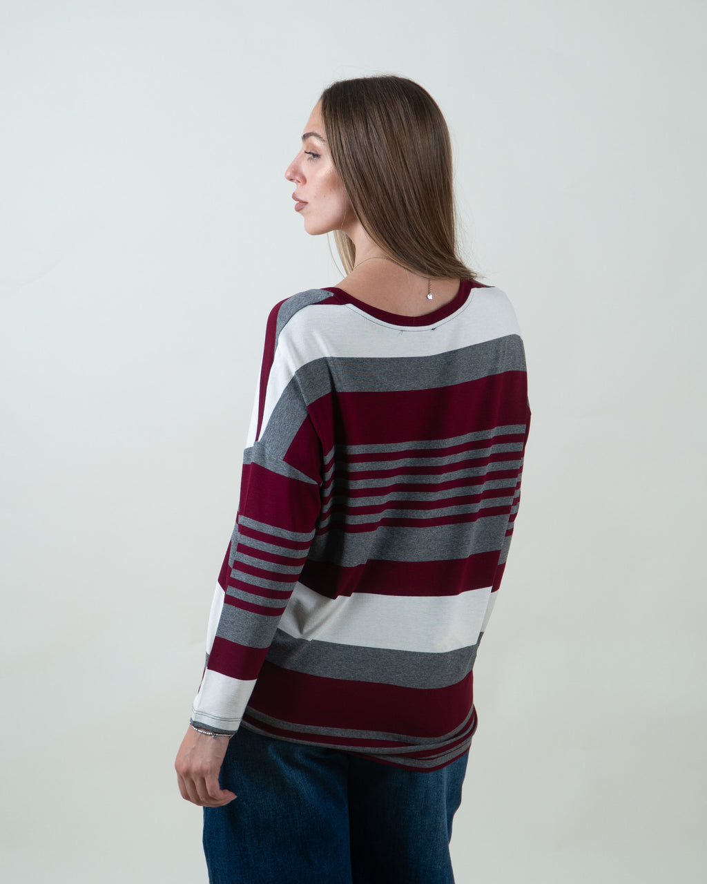 Maglia a righe con scollo rotondo|Colore:Bordeaux