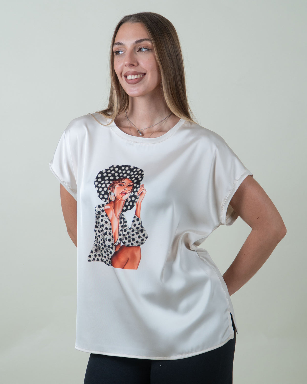 Maglia in raso con stampa|Colore:Beige
