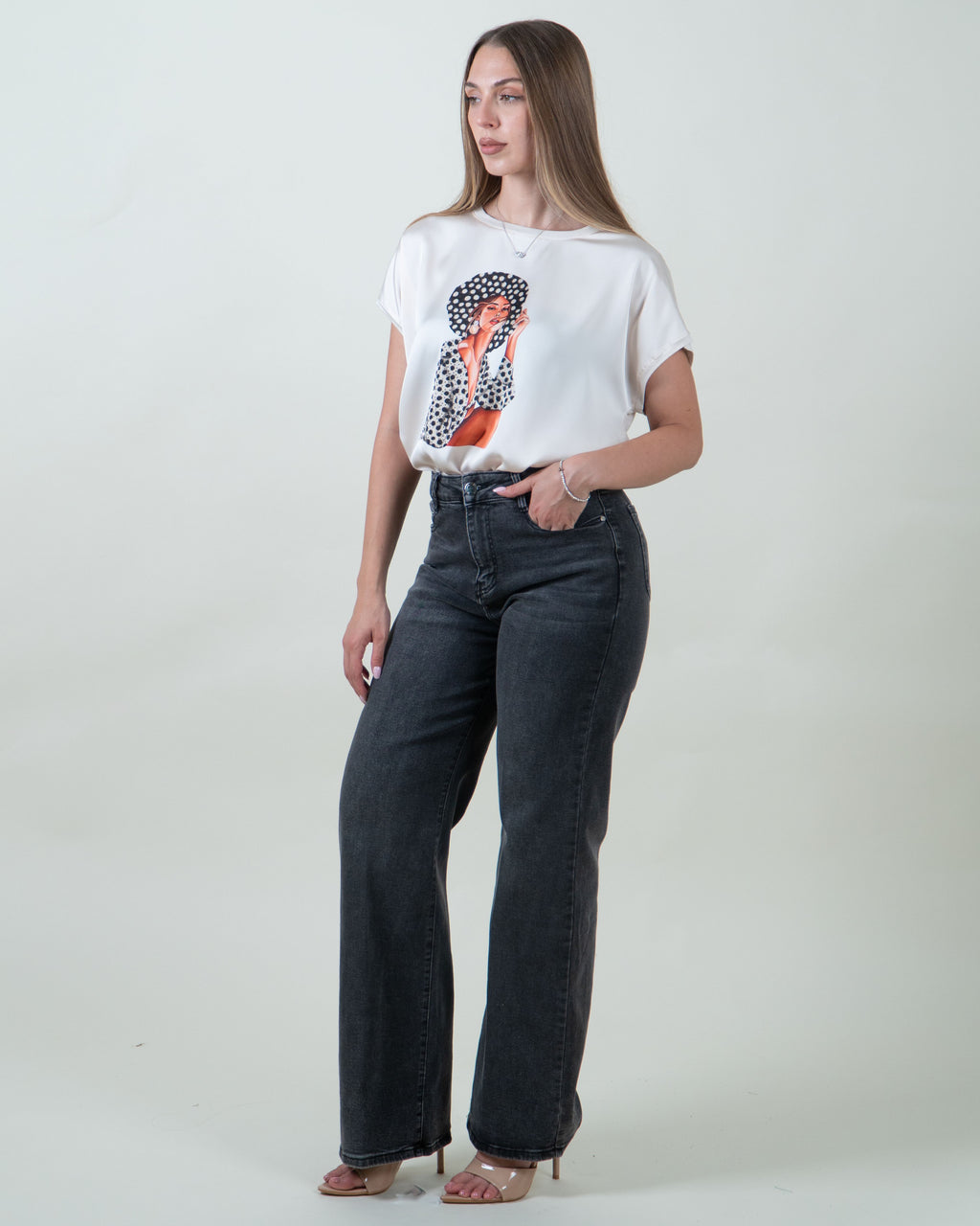 Maglia in raso con stampa|Colore:Beige