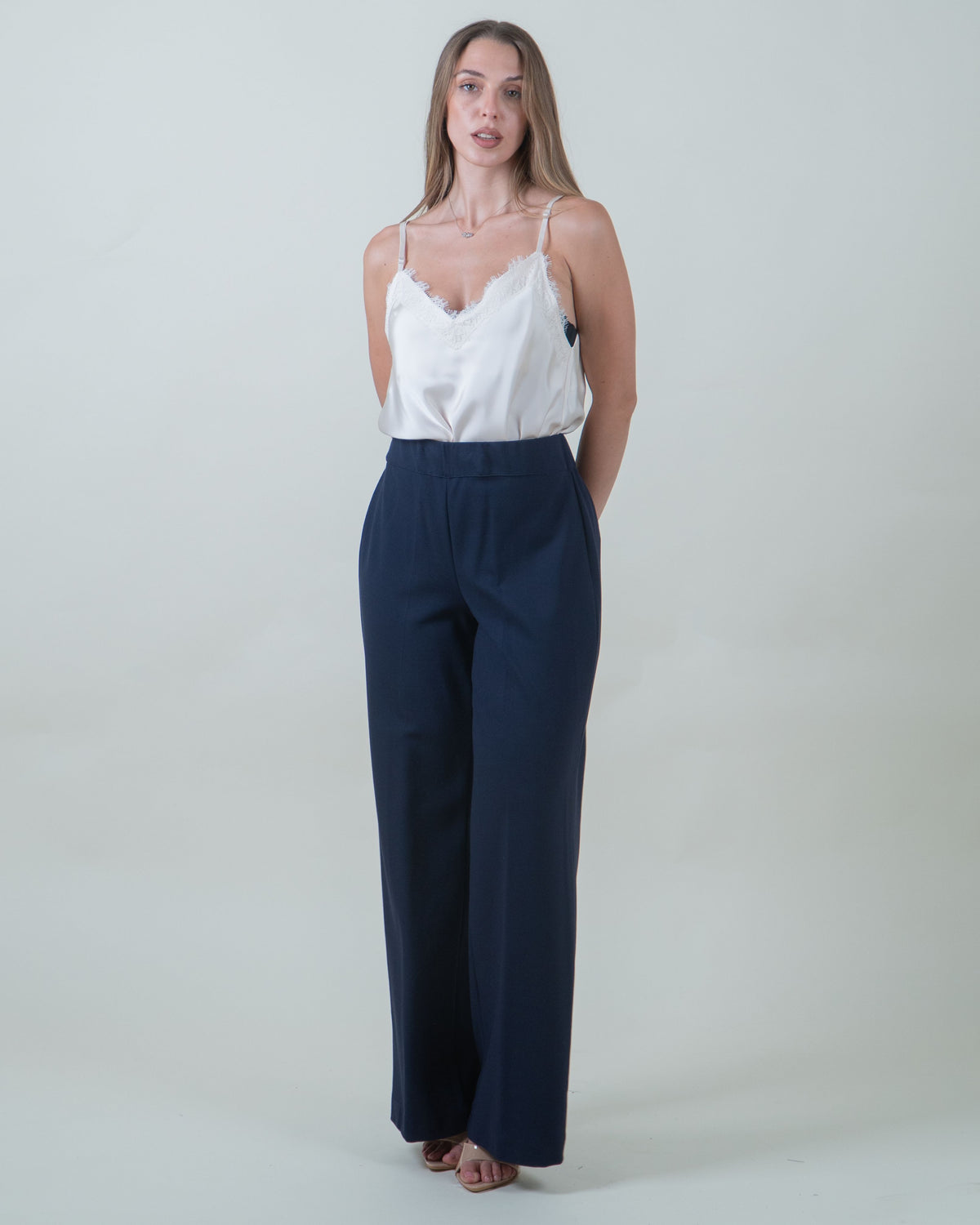 Pantaloni blu a palazzo in scuba trama diagonale|Colore:Blu