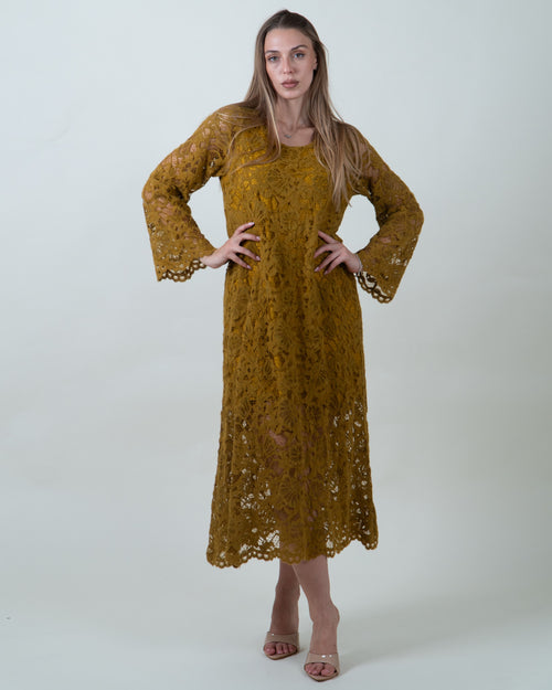 Abito lungo senape in pizzo floreale|Colore:Senape