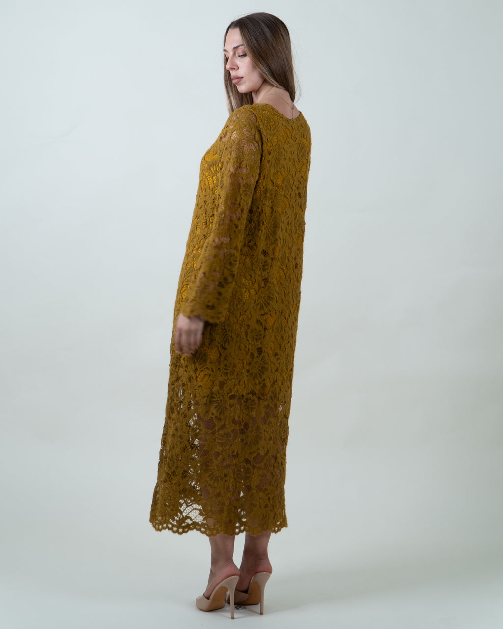 Abito lungo senape in pizzo floreale|Colore:Senape