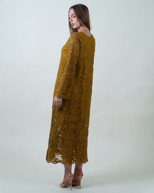 Abito lungo senape in pizzo floreale|Colore:Senape