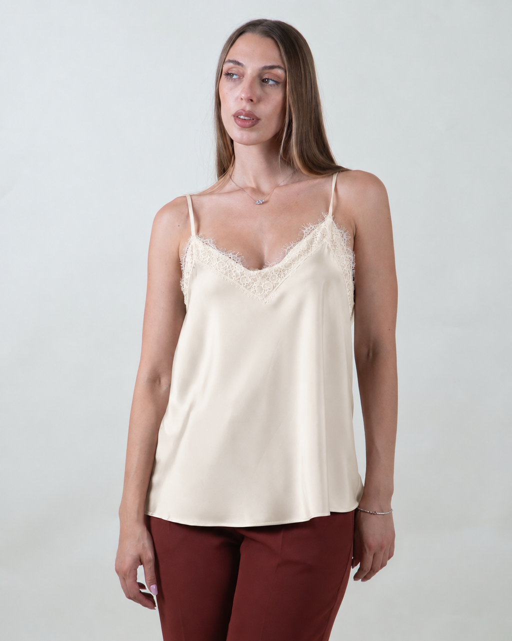 Top lingerie satinato con pizzo|Colore:Beige