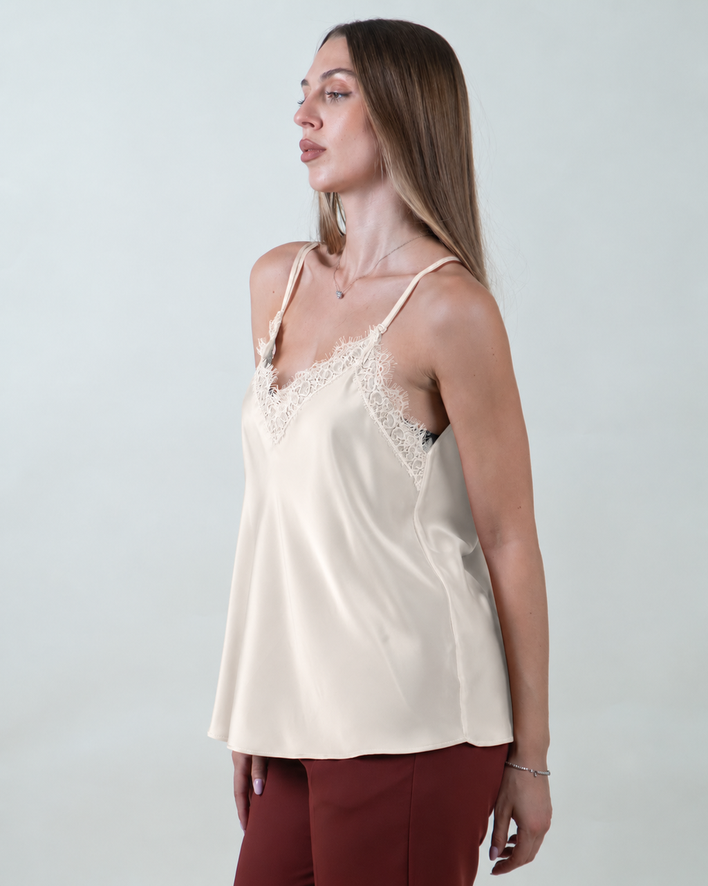 Top lingerie satinato con pizzo|Colore:Beige