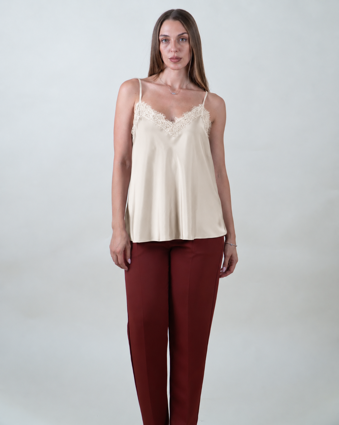Top lingerie satinato con pizzo|Colore:Beige