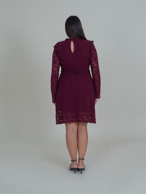 Abito in Pizzo con Maniche Lunghe|Colore:Bordeaux