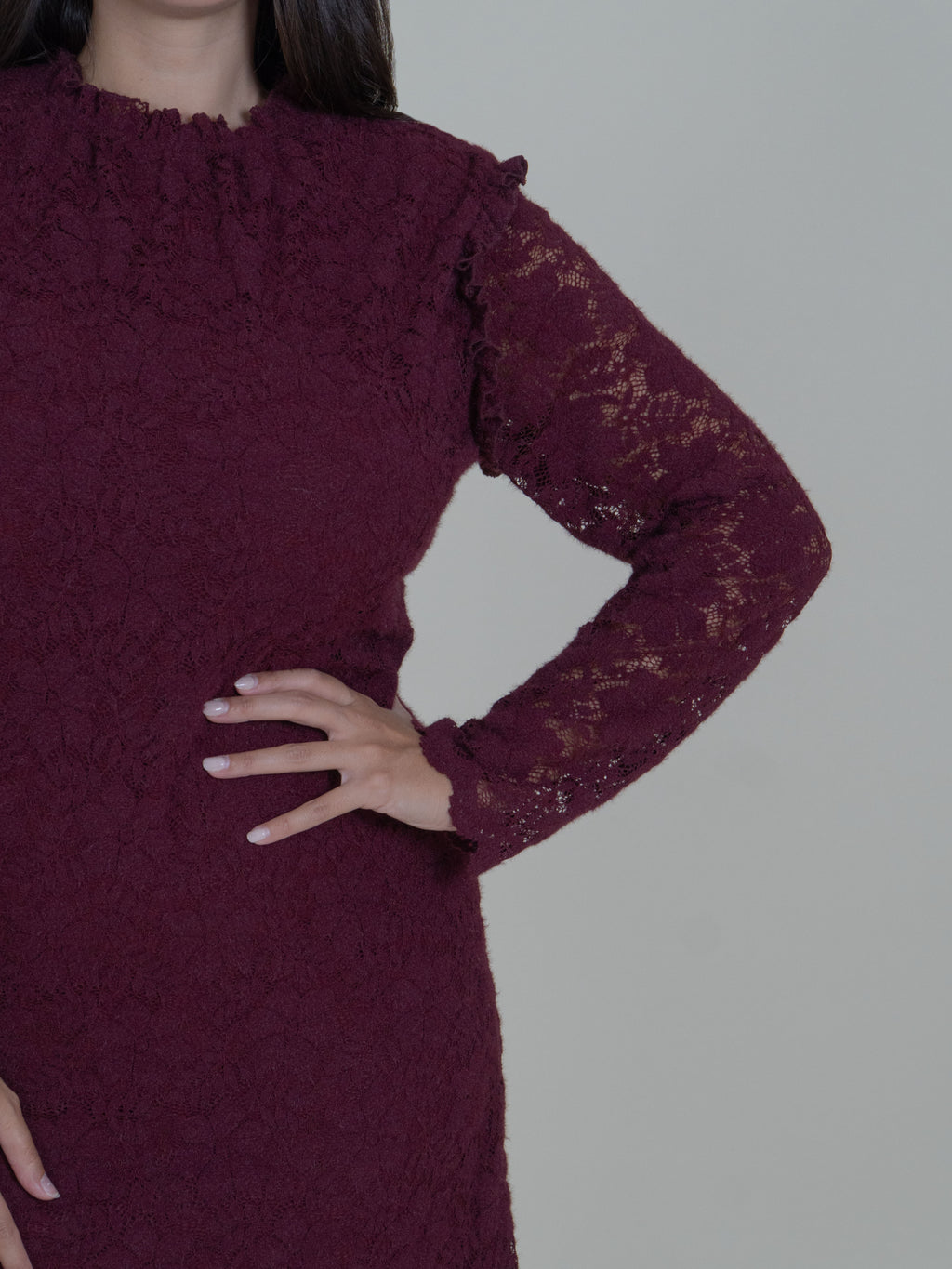 Abito in Pizzo con Maniche Lunghe|Colore:Bordeaux