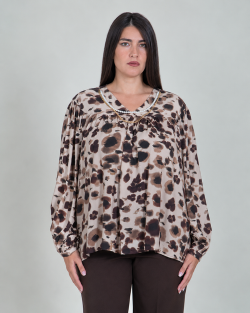 Blusa Fantasia Animalier con Dettaglio Gioiello|Colore:Fantasia