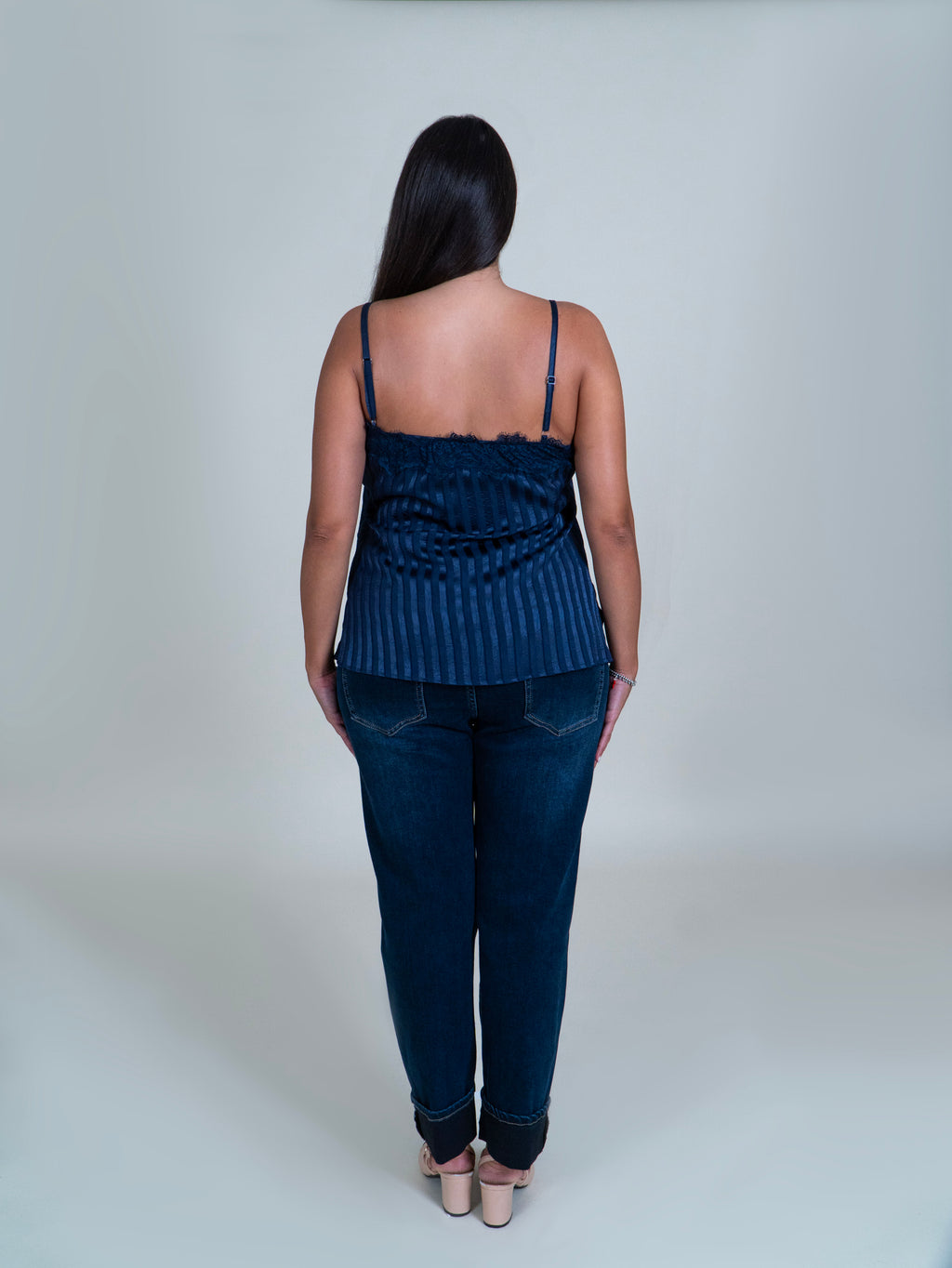Top Blu Satinato a Righe con Pizzo|Colore:Blu