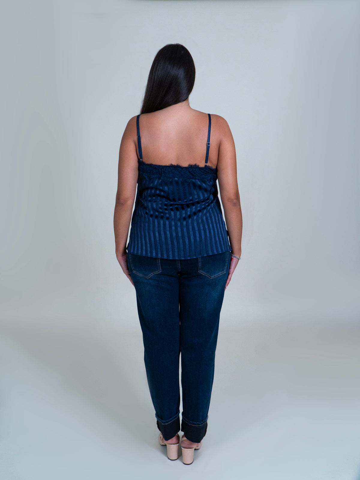 Top Blu Satinato a Righe con Pizzo|Colore:Blu