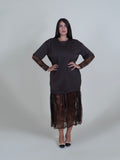 Abito Midi Marrone con Pizzo Floreale|Colore:Moro