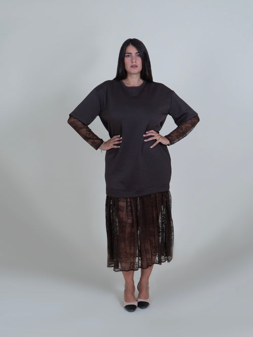 Abito Midi Marrone con Pizzo Floreale|Colore:Moro