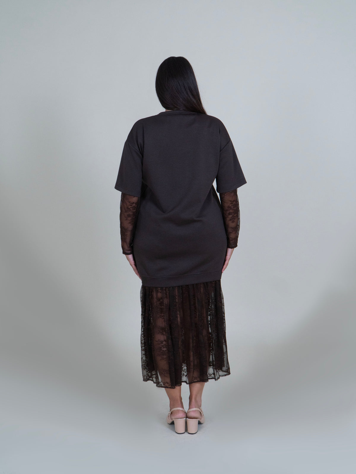 Abito Midi Marrone con Pizzo Floreale|Colore:Moro