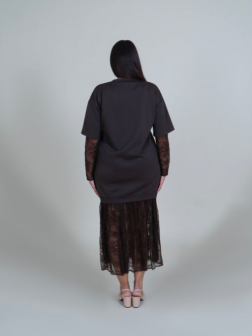 Abito Midi Marrone con Pizzo Floreale|Colore:Moro