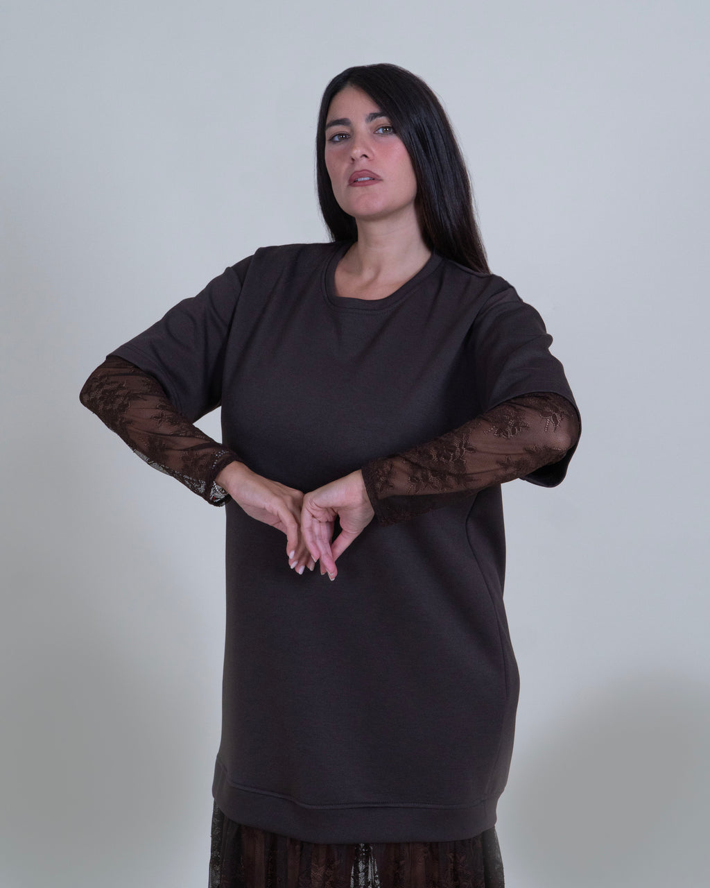 Abito Midi Marrone con Pizzo Floreale|Colore:Moro
