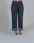 Jeans a Gamba Larga Effetto Sabbiato con Risvolto|Colore:Jeans