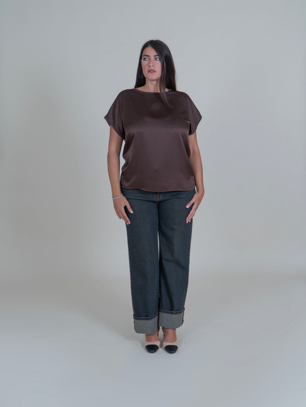 Jeans a Gamba Larga Effetto Sabbiato con Risvolto|Colore:Jeans