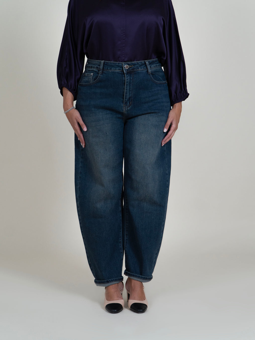 Jeans Balloon Effetto Sabbiato con Risvolto|Colore:Jeans