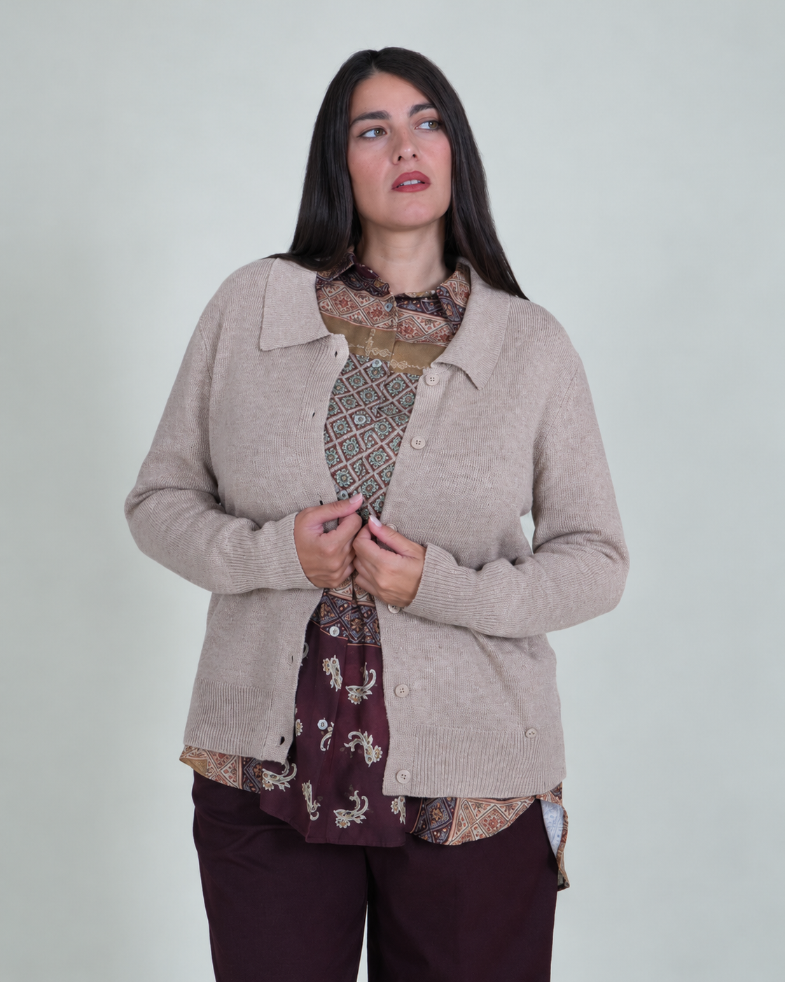 Cardigan in Maglia con Colletto e Bottoni|Colore:Beige