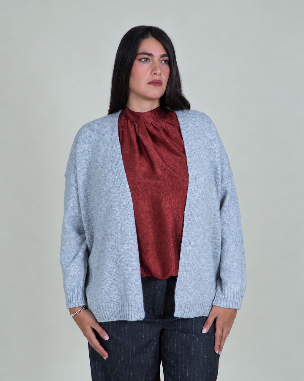 Cardigan Oversize Aperto con Filamenti in Lurex|Colore:Grigio