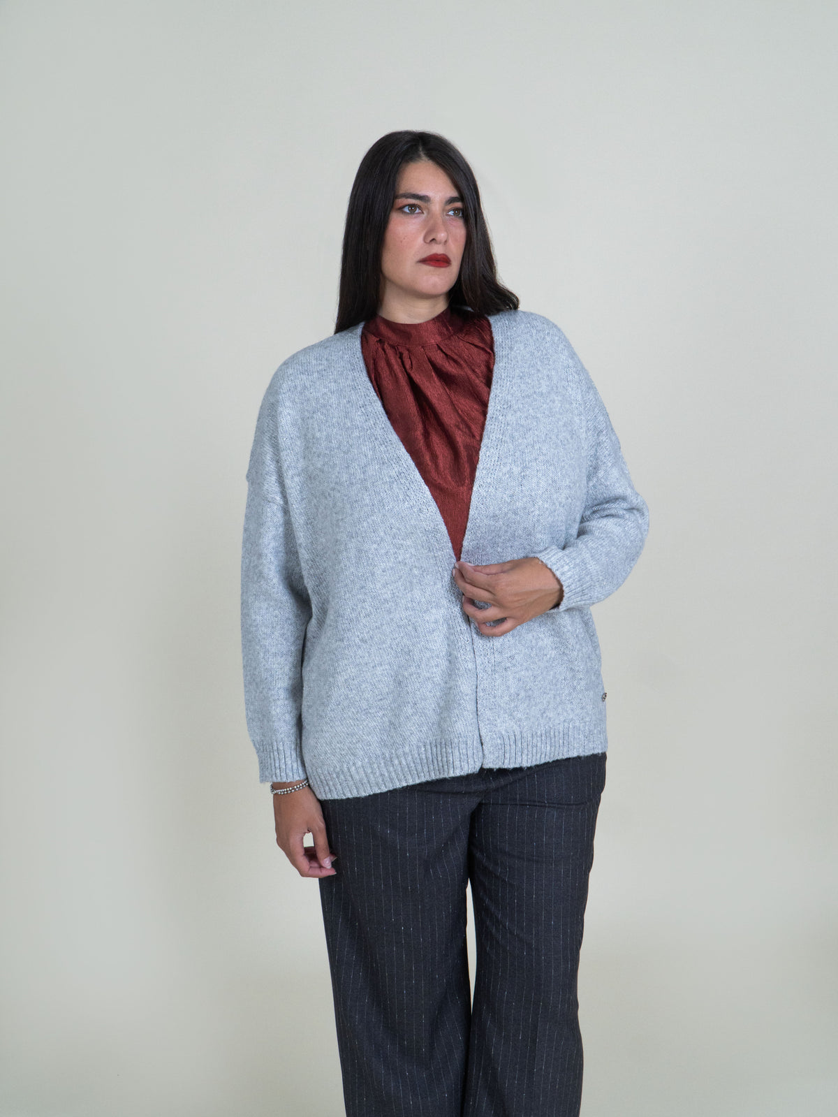 Cardigan Oversize Aperto con Filamenti in Lurex|Colore:Grigio