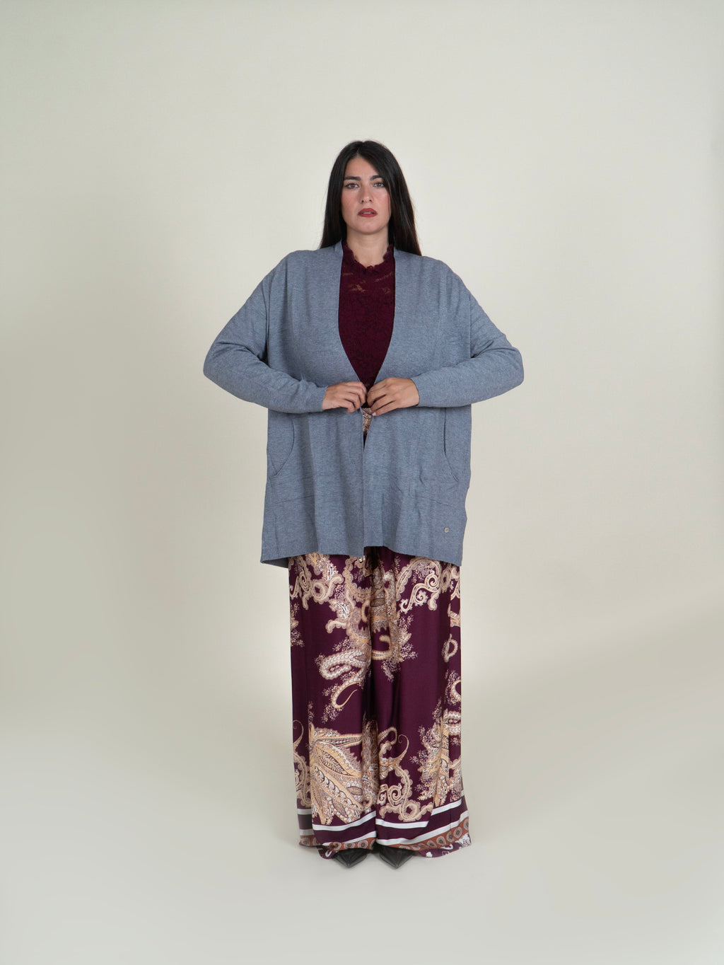 Cardigan Lungo in Maglia con Tasche|Colore:Grigio