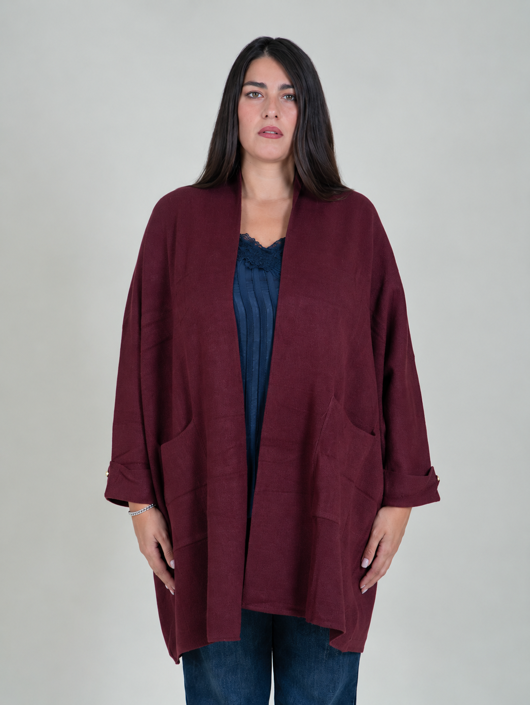 Cardigan Lungo Oversize con Tasche|Colore:Vino