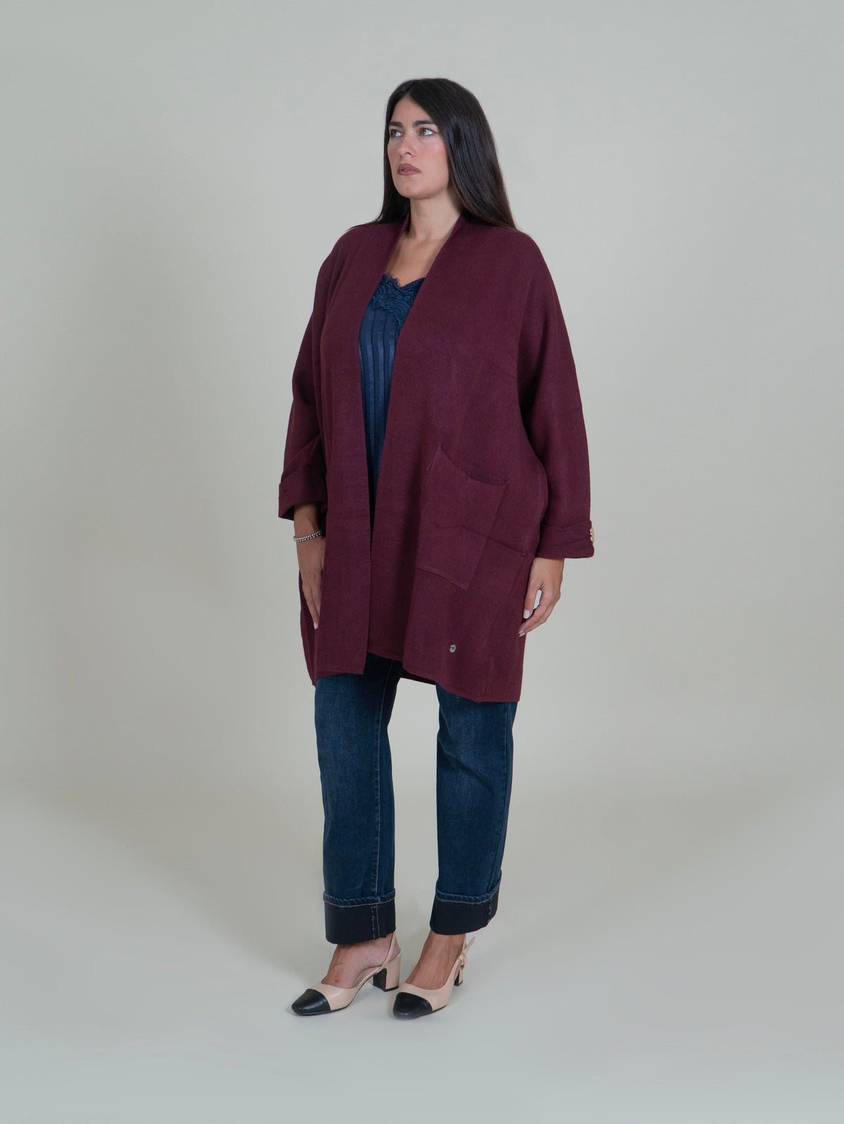 Cardigan Lungo Oversize con Tasche|Colore:Vino