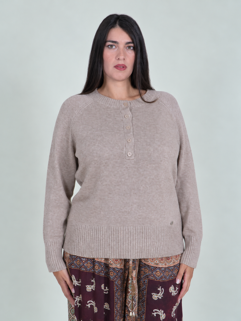 Maglia Girocollo con Bottoni|Colore:Beige