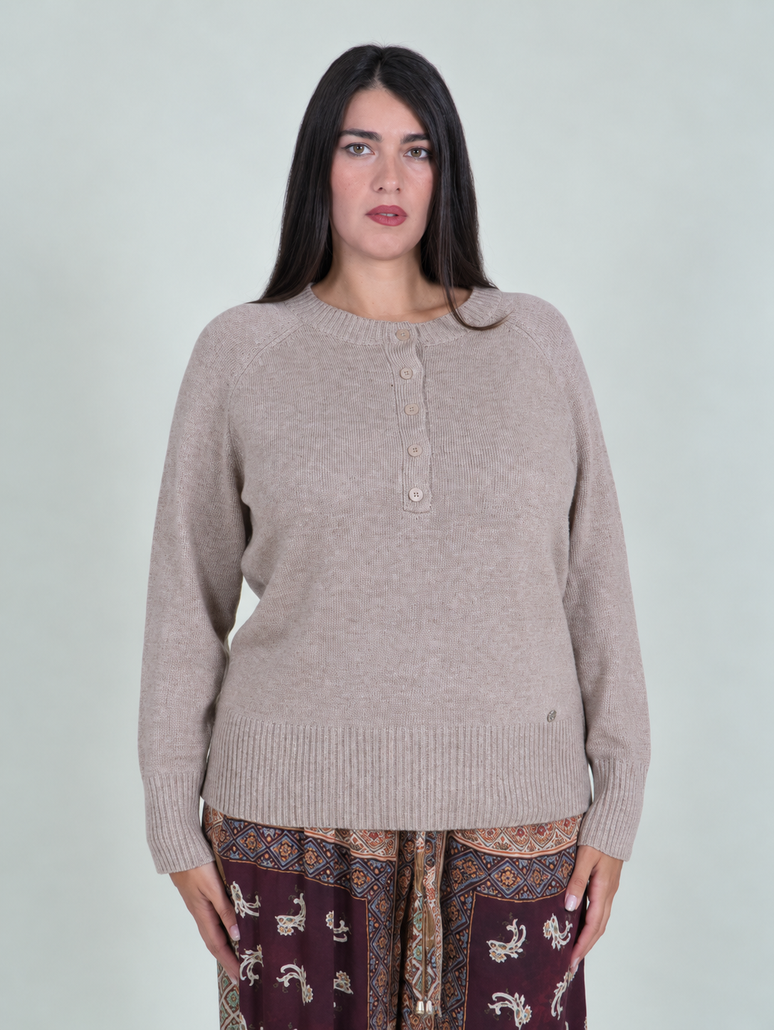 Maglia Girocollo con Bottoni|Colore:Beige