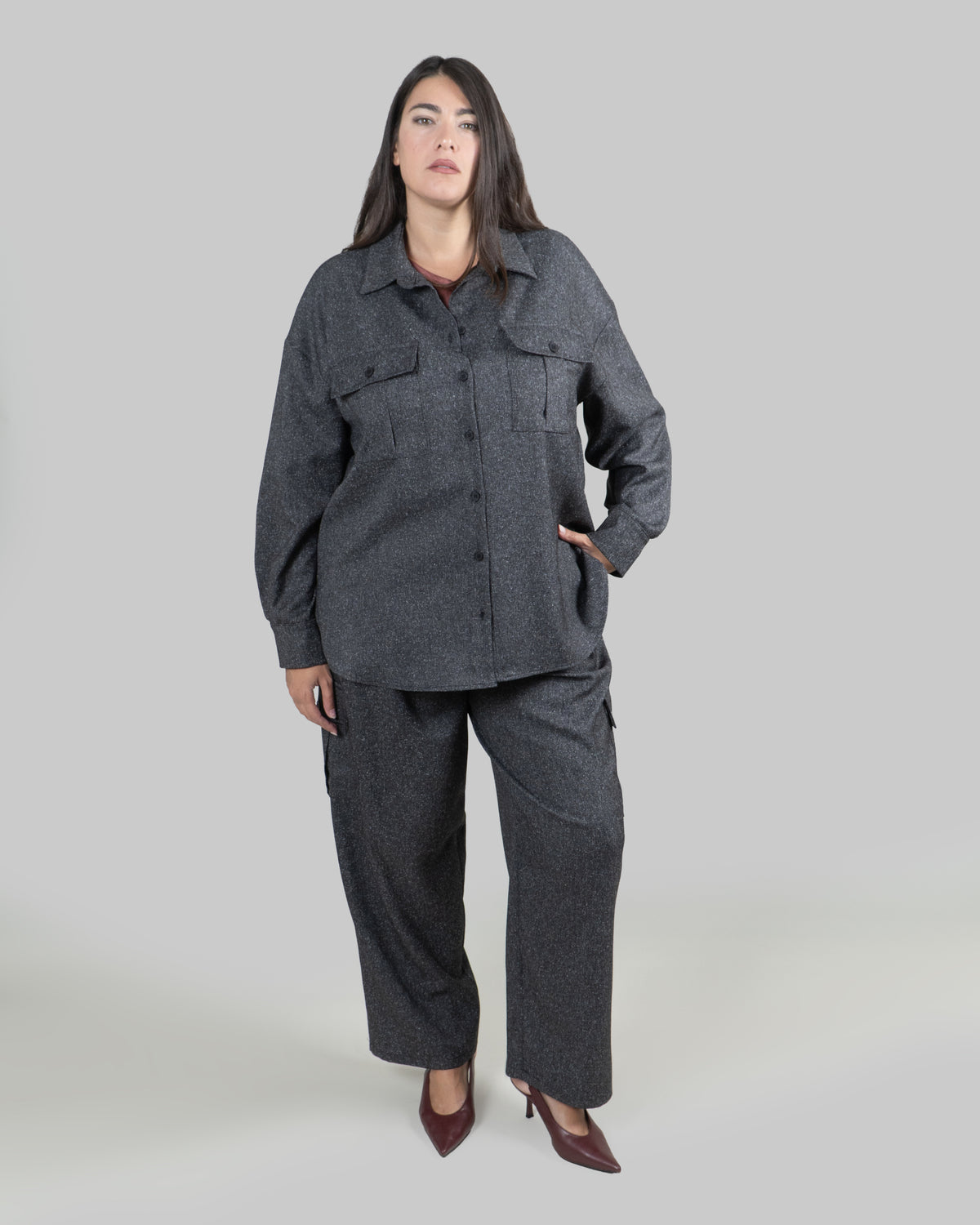 Camicia in Grisaglia Grigia con Tasche Applicate|Colore:Grigio