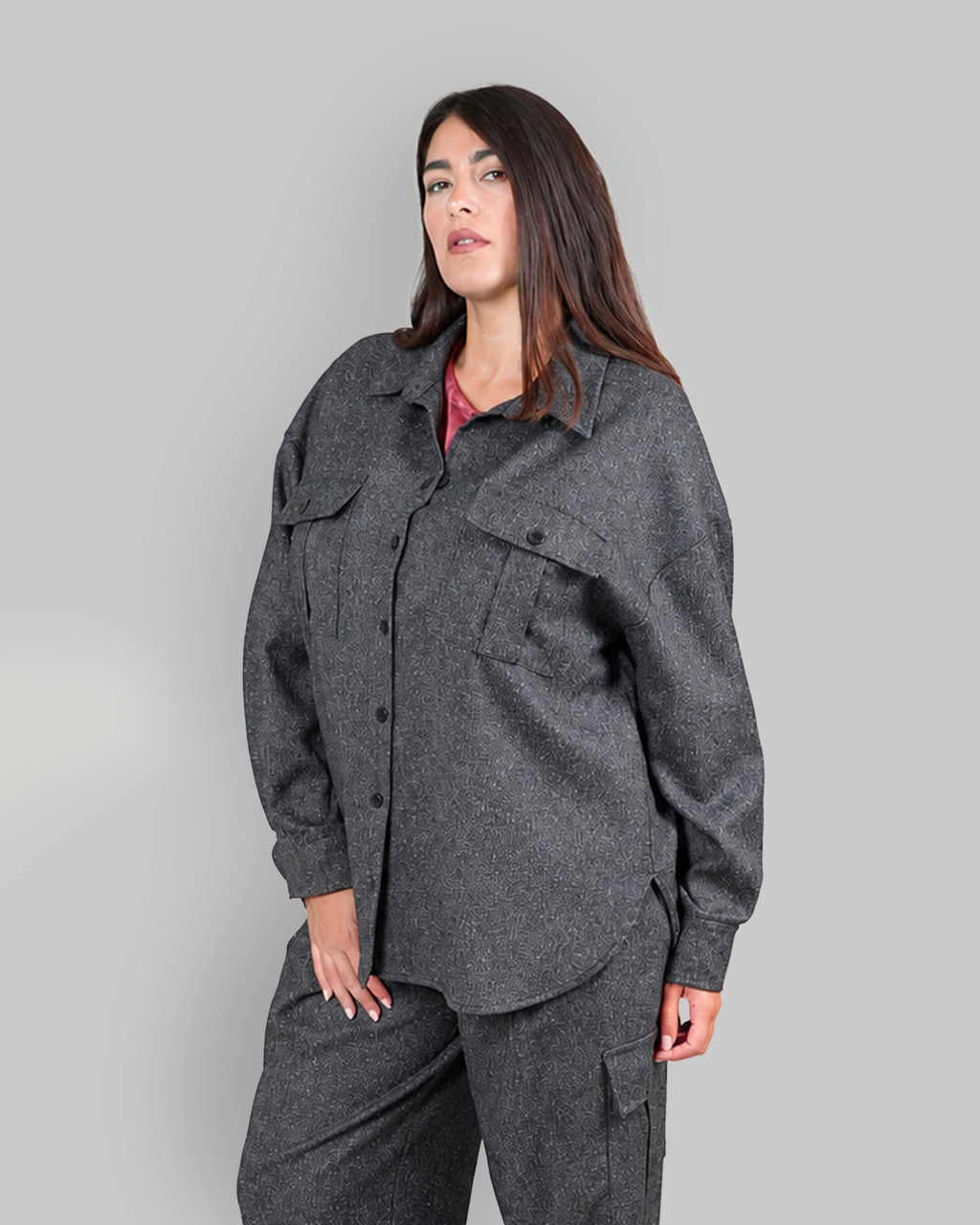 Camicia in Grisaglia Grigia con Tasche Applicate|Colore:Grigio