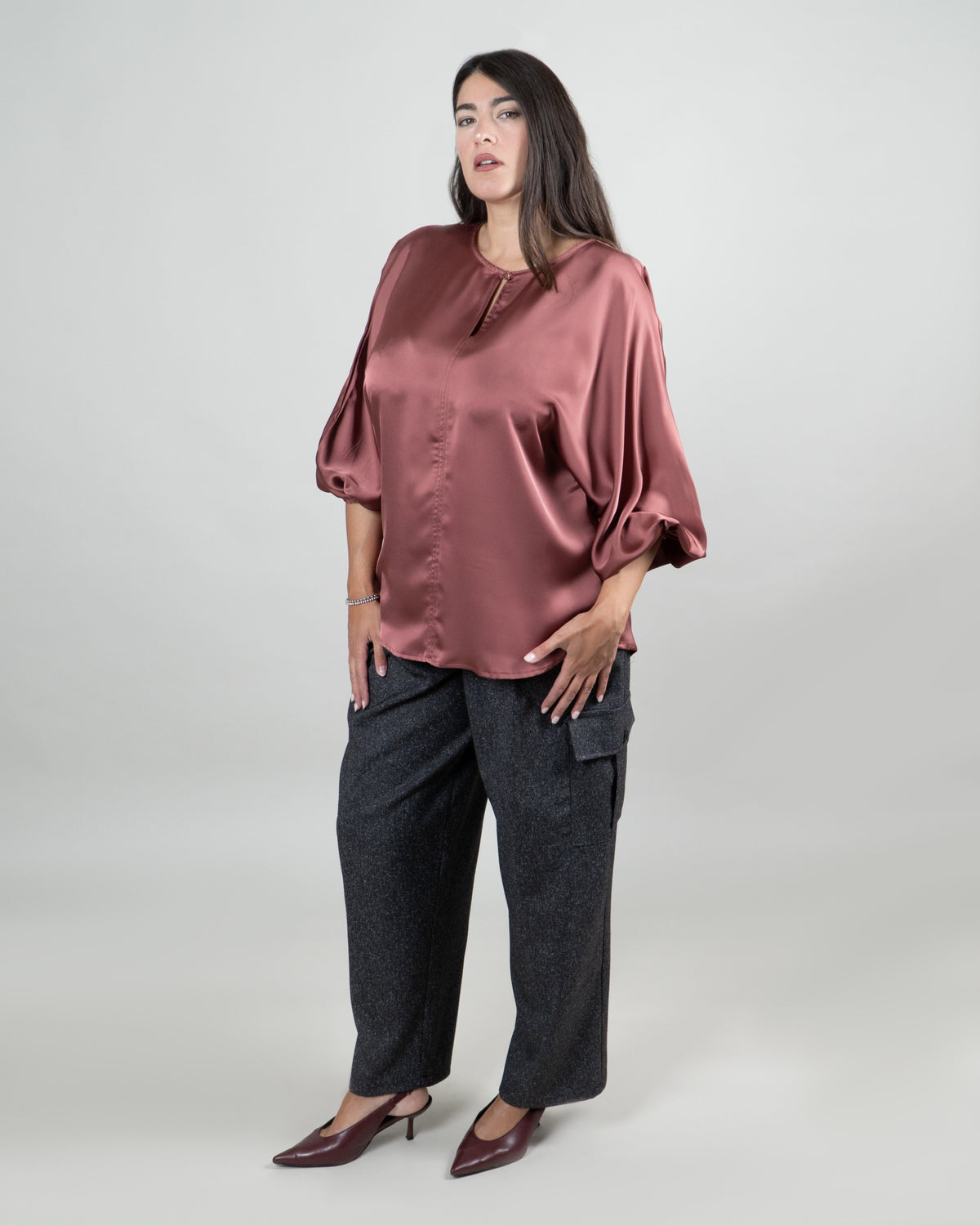 Blusa Satinata con Maniche a Palloncino|Colore:Cipolla